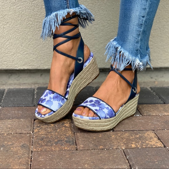 Blue White Floral LaceUp Espadrille Platform Wedge - Picture 5 of 8